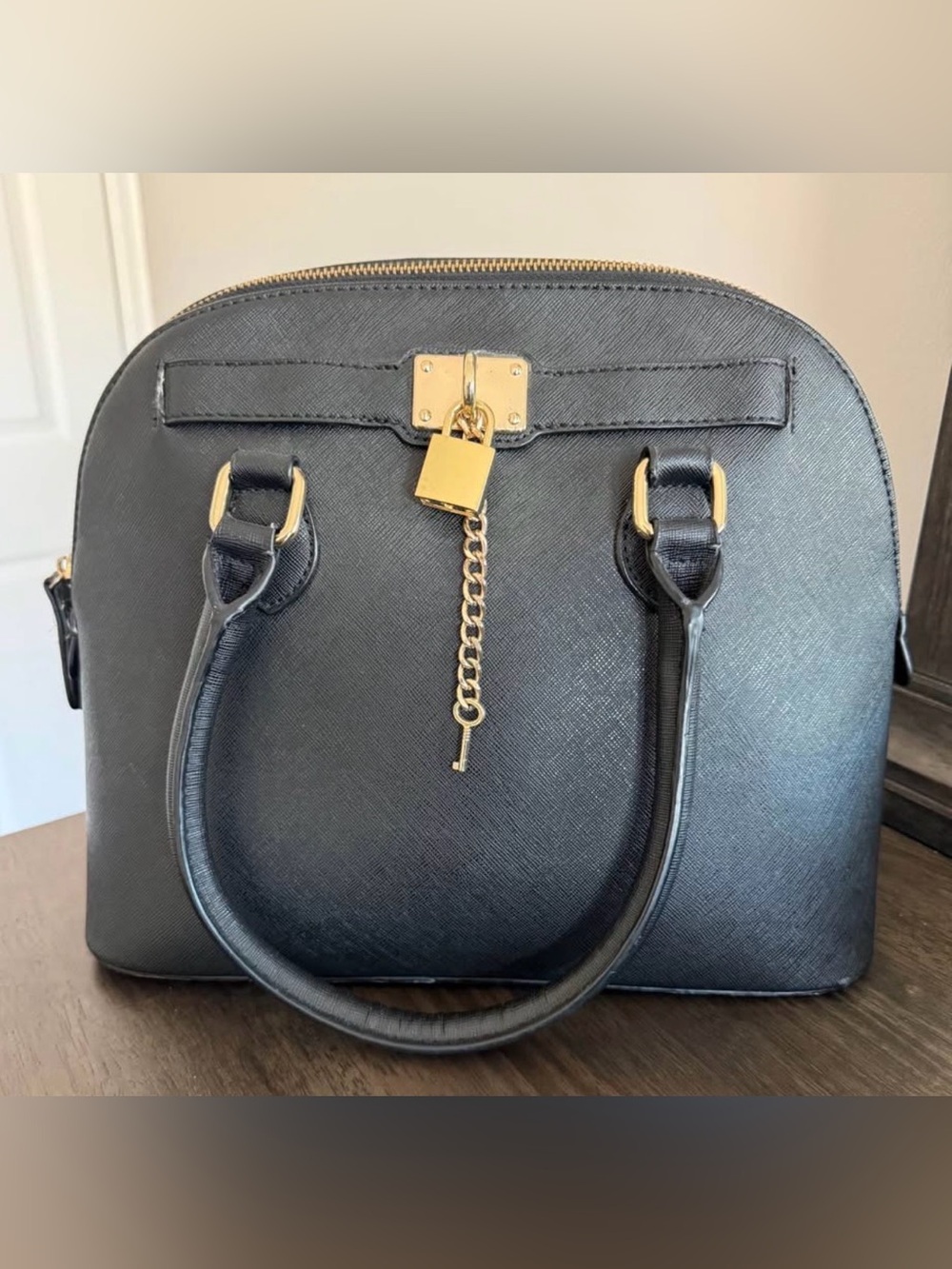 Aldo Black Satchel with Gold Padlock Chain